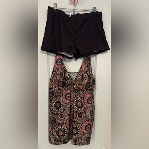 Colorful Patterned Swimsuit with Brown Shorts
